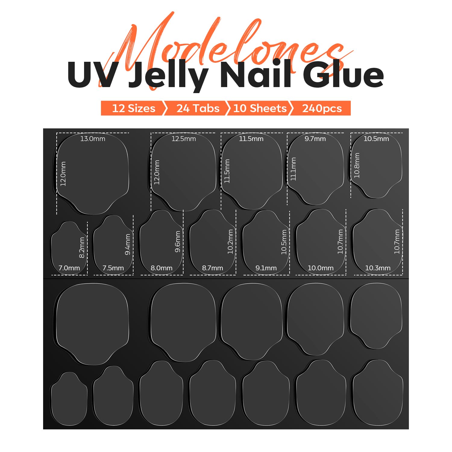 modelones Nail Adhesive Tabs 240pcs - UV Jelly Nail Glue Stickers for Press on Waterproof Breathable Double Sided Sticky Tabs Need Curing 10 Sheet 12 Sizes-Velvo Beauty