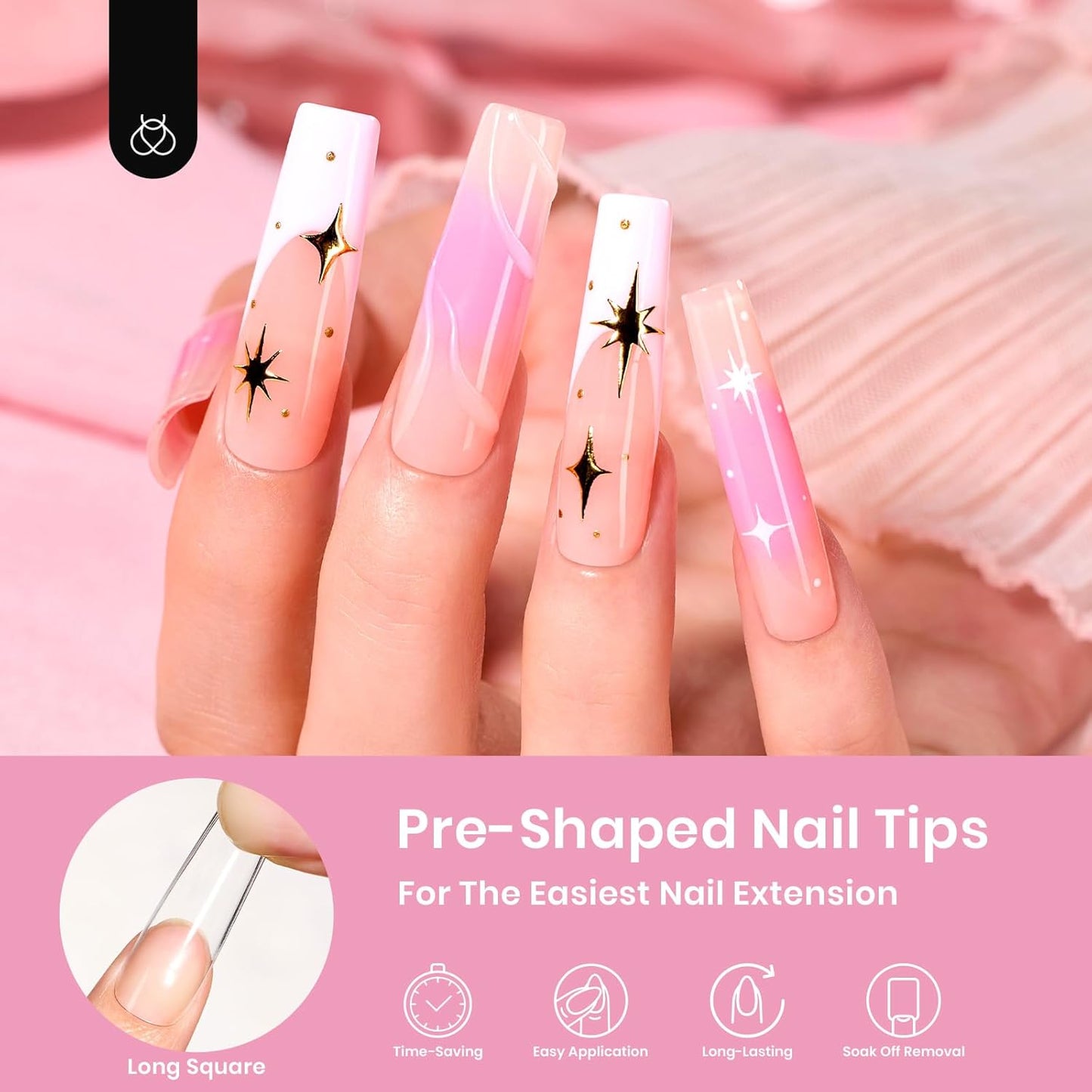 Beetles Gel Nail Tips Long Square Nail Tips, 12 Sizes 288 PCS Pre-Shaped Clear Full Cover False Nails Tips Clear Acrylic Nails Glue on Nails for Girls Women Nail Art Design,Nail Glue Needed-Velvo Beauty