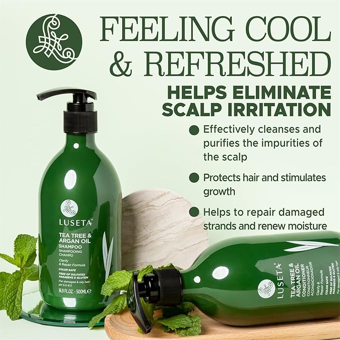 Luseta Shampoo and Conditioner Set with Tea Tree and Argan Oil for Oily Hair Clarifying, Fighting Dandruff Sulfate Paraben Free for Men and Women 2x16.9oz-Velvo Beauty