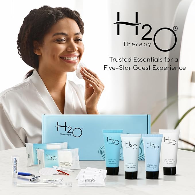 H2O Therapy Amenity & Accessory Kit | 0.85 oz Travel Size Shampoo, Conditioner, Lotion, Body Wash, Massage Bar, Cleansing Bar, Shave & Dental Sets, Make-Up Remover Wipes, & Vanity Kit | 15 sets/case-Velvo Beauty