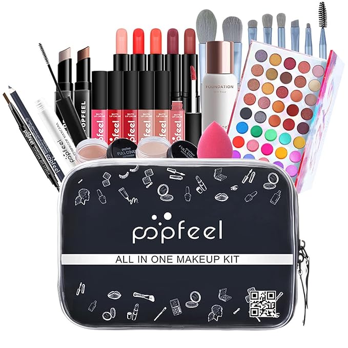 Makeup Kit for Women Full Kit, with Professional Make Up Bag Eyeshadow Red Lipstick, Powder Brush, Concealer, Glitter Lip Gloss, Waterproof Mascara, Eyebrow Pencil, Birthday Gift for Mom Sister-Velvo Beauty