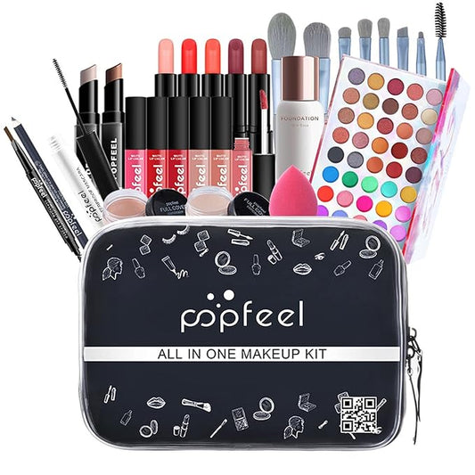 Makeup Kit for Women Full Kit, with Professional Make Up Bag Eyeshadow Red Lipstick, Powder Brush, Concealer, Glitter Lip Gloss, Waterproof Mascara, Eyebrow Pencil, Birthday Gift for Mom Sister-Velvo Beauty