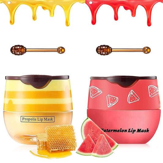 2 PCS Bee Lip Balm Honey Pot, Honey & Watermelon Lip Sleeping Masks Overnight, Hydrating Prevention Dry and Cracked Lip Scrubs Exfoliator Lip Care, Reduces Lip Lines-Velvo Beauty