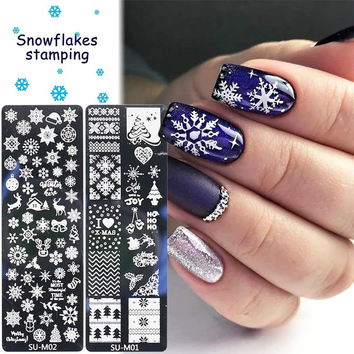 6Pcs Christmas Nail Stamp Template Kit 1 Silicone Stamper 1 Scraper Winter Snowflakes Nail Art Stamping Plates Xmas Snow Deer Bells Pine Tree Nail Stamping Image Stamp for Women Nail Art Supplies-Velvo Beauty