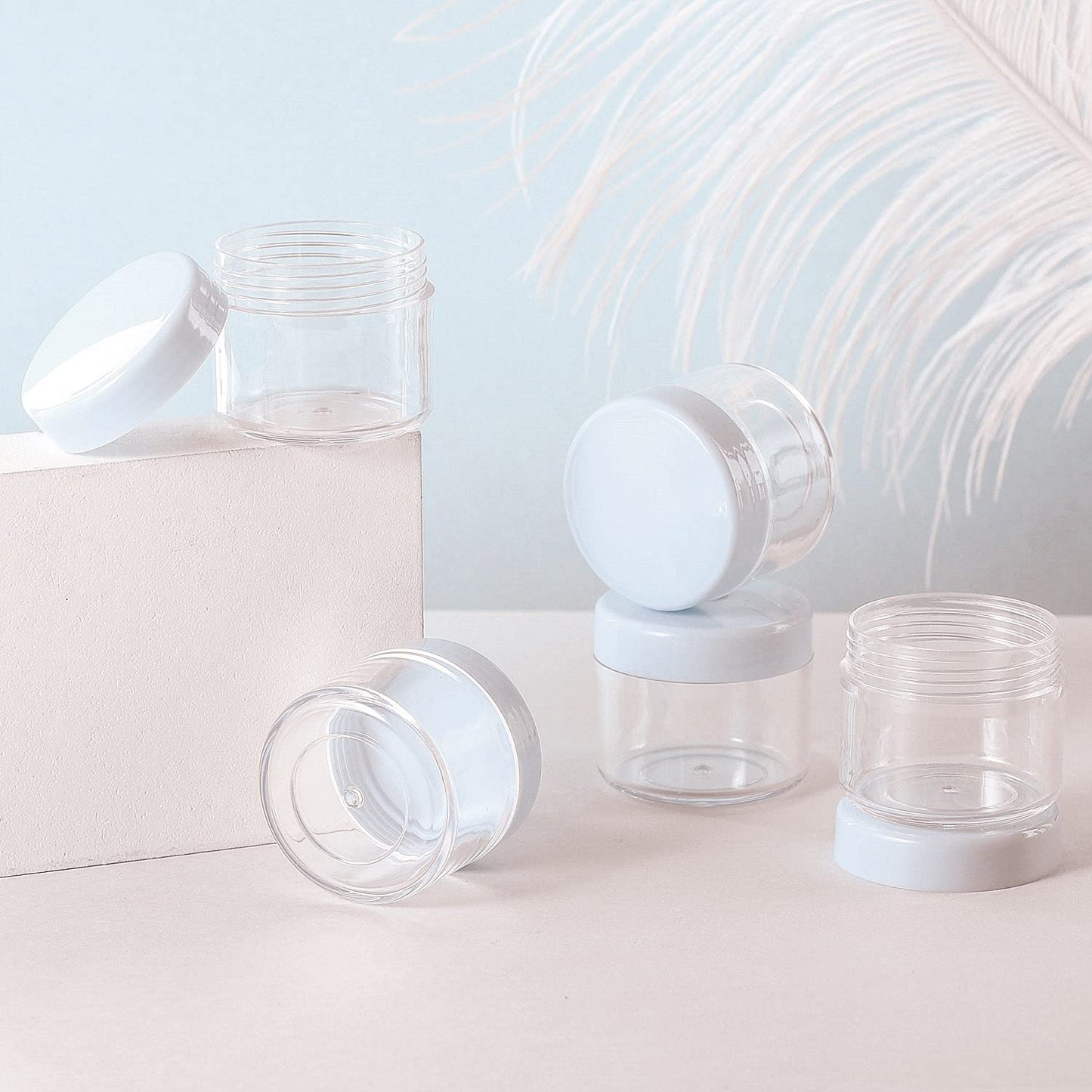 Refillable Cosmetic Sample Jars - 100 Pack 20g (0.7oz) White Small Travel Containers with Lids + 10 Mini Makeup Spatulas - BPA Free-Velvo Beauty