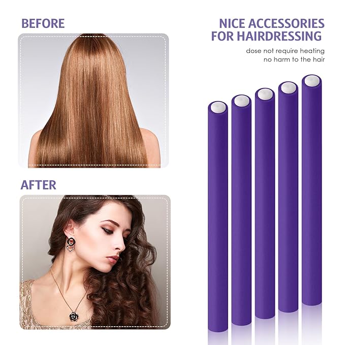 Syhood 30 Pcs 7'' Flexible Curling Rods Twist Foam Hair Rollers Soft Foam No Heat Hair Rods Rollers and 1 Steel Pintail Comb Rat Tail Comb for Women Long Short Hair(Purple,7 x 0.55 Inch)-Velvo Beauty