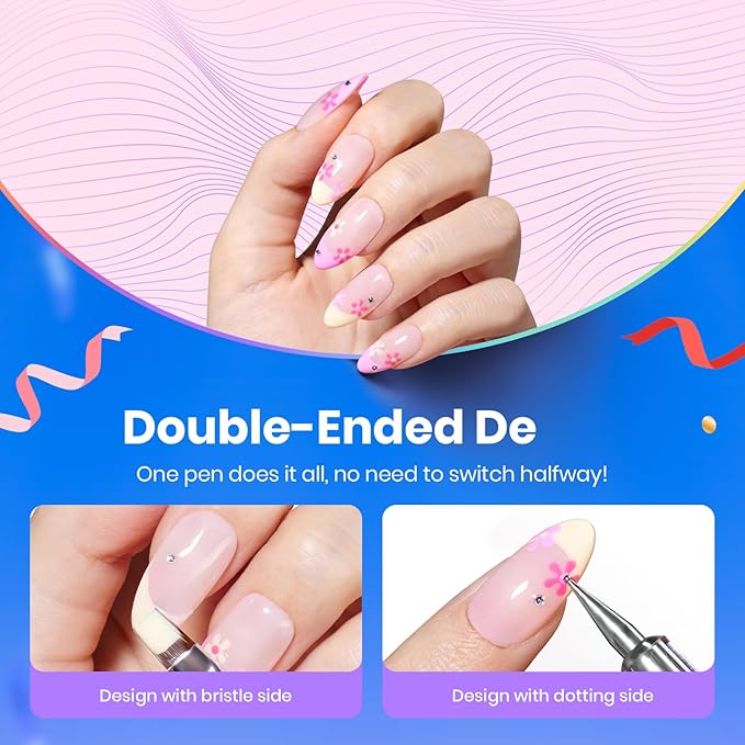 Beetles Nail Art Brushes, 8pcs Double-headed Nail Art Tool Set, Nail Dotting Tools, Striping Nail Art Brushes for Lines, Nail Drawing Pen with Bow knot Stickers Gift for Women-Velvo Beauty