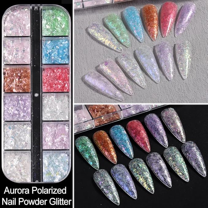 24Grid Aurora Opal Iridescent Nails Mermaid Flake Powder,Holographic Metal Color Gold Silver Confetti Nail Art Foil Paillettes,Irregular Glitter Sparkly Sequin Design for Manicure Decoration-Velvo Beauty