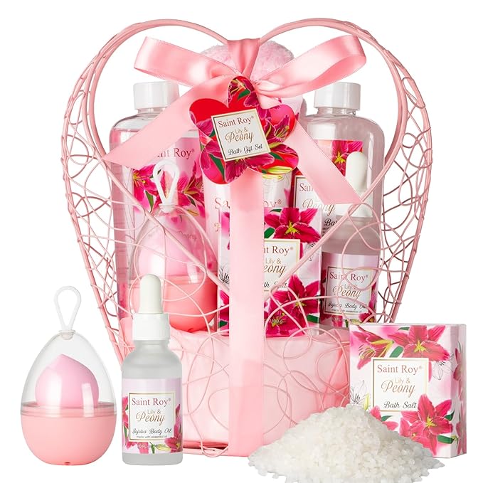 Gift Basket For Women, Mother's Day Gift for Mom Spa Set Lily & Peony Home Spa Set, Beauty Personal Care Set Jojoba Oil, Spa Self Care Kit, Bath Body For Thank You, Birthday, Mom, Anniversary Gift-Velvo Beauty