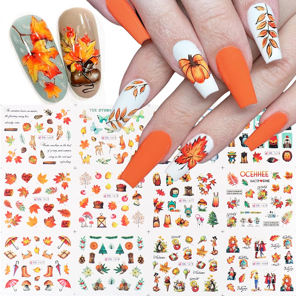 Fall Nail Art Stickers Thanksgiving Nail Decals 24 Sheets Maple Leaves Pumpkin Water Transfer Maple Leaf Turkey Pumpkin Animal Nail Design Sticker for Women Girls Fingernail Tattoos Decoration-Velvo Beauty