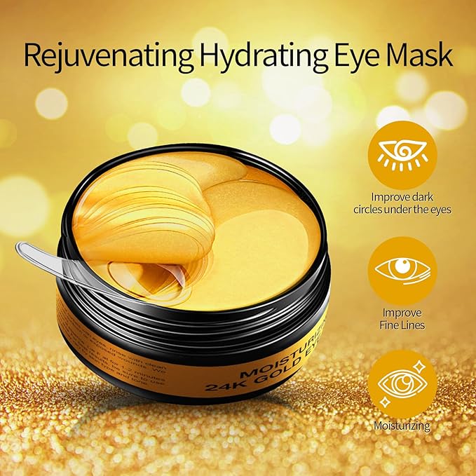 24K Gold Eye Mask - 60 Pieces, Collagen Hyaluronic Acid Eye Mask, Anti-aging, Remove Dark Circles, Puffiness and Wrinkles, Refreshes Skin, Suitable for Both Men and Women-Velvo Beauty