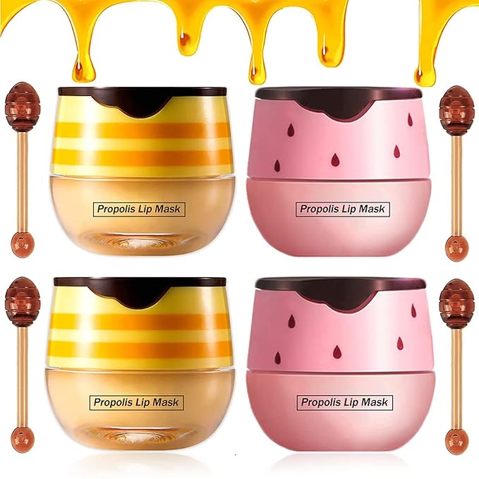 4PCS Nourishing Bee Lip Balm Honey Pot, Honey & Strawberry Lip Mask Moisturizing Lip Balm with Brush, Hydrating & Prevention Dry and Cracked Lips Reduces Lip Lines Lip Care Product-Velvo Beauty