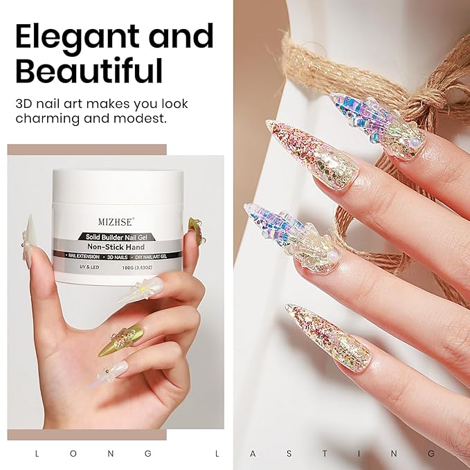 MIZHSE 100g Solid Builder Gel for Nails, Large Capacity Clear Hard Gel 3D Sculpting for Nail Art U V LED Builder Kit with 3D Silicone Pen, for Salon Home DIY-Velvo Beauty