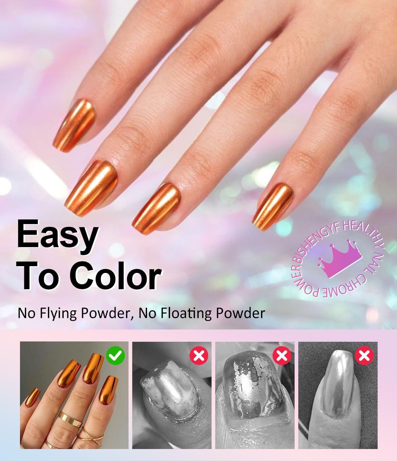 Rose Gold Chrome Nail Powder: Metallic Mirror Powder Holographic Pigment Powder Silver Green Chrome Nail Powder for Nails Rose Gold Nail Chrome Powder for Nails Art DIY Decoration-Velvo Beauty