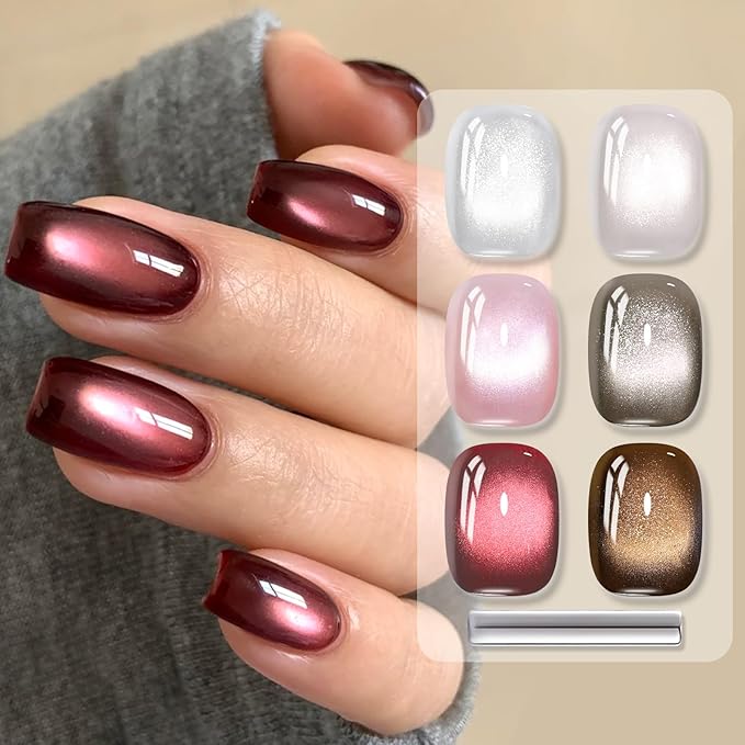 Born Pretty Cat Magnetic Eye Gel Nail Polish, 6 Colors Retro Magnetic Glitter Gel Polish Set Silver Pink Red Nail Polish Kit Soak Off LED Nail Art DIY Salon Gift-Velvo Beauty