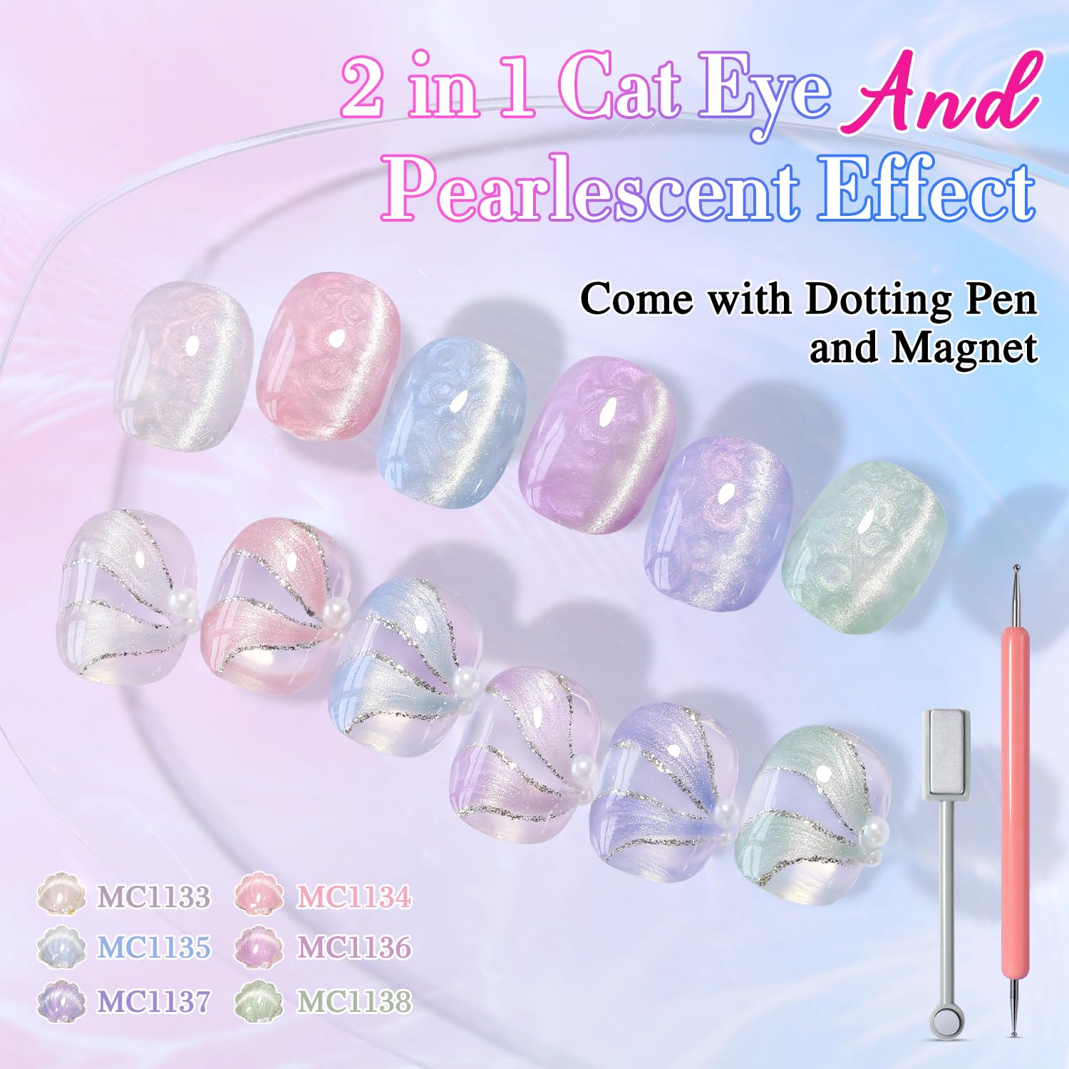 Double Rhythm Cat Eye Gel Polish Set 6 Colors Shimmer Glitter with Magnet Holographic Reflective Magnetic UV Nail Art Kit (Pearl Pink Blue Green Purple 6-Kit 44)-Velvo Beauty