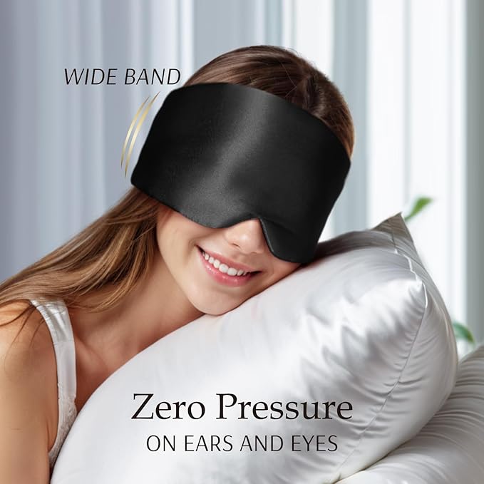 Zenssia 100% Mulberry Silk Sleep Mask Eye Mask for Man and Woman with Adjustable Headband, Full Size Large Sleep Mask & Blindfold for Total Blackout for All Night Sleep, Travel & Nap- Black-Velvo Beauty