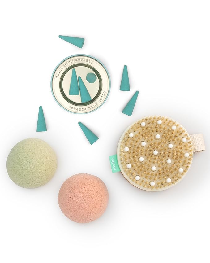 Mello Bath Accessories Deep Soak | Self Care Gifts for Women | Spa Gifts for Women & Relaxation Gifts for Women | Bath Accessories Includes Konjac Sponge, Incense Cones & Exfoliating Brush-Velvo Beauty