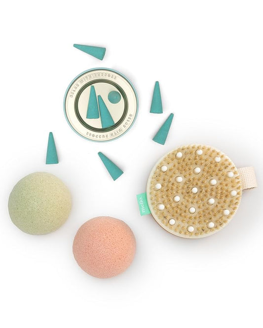 Mello Bath Accessories Deep Soak | Self Care Gifts for Women | Spa Gifts for Women & Relaxation Gifts for Women | Bath Accessories Includes Konjac Sponge, Incense Cones & Exfoliating Brush-Velvo Beauty