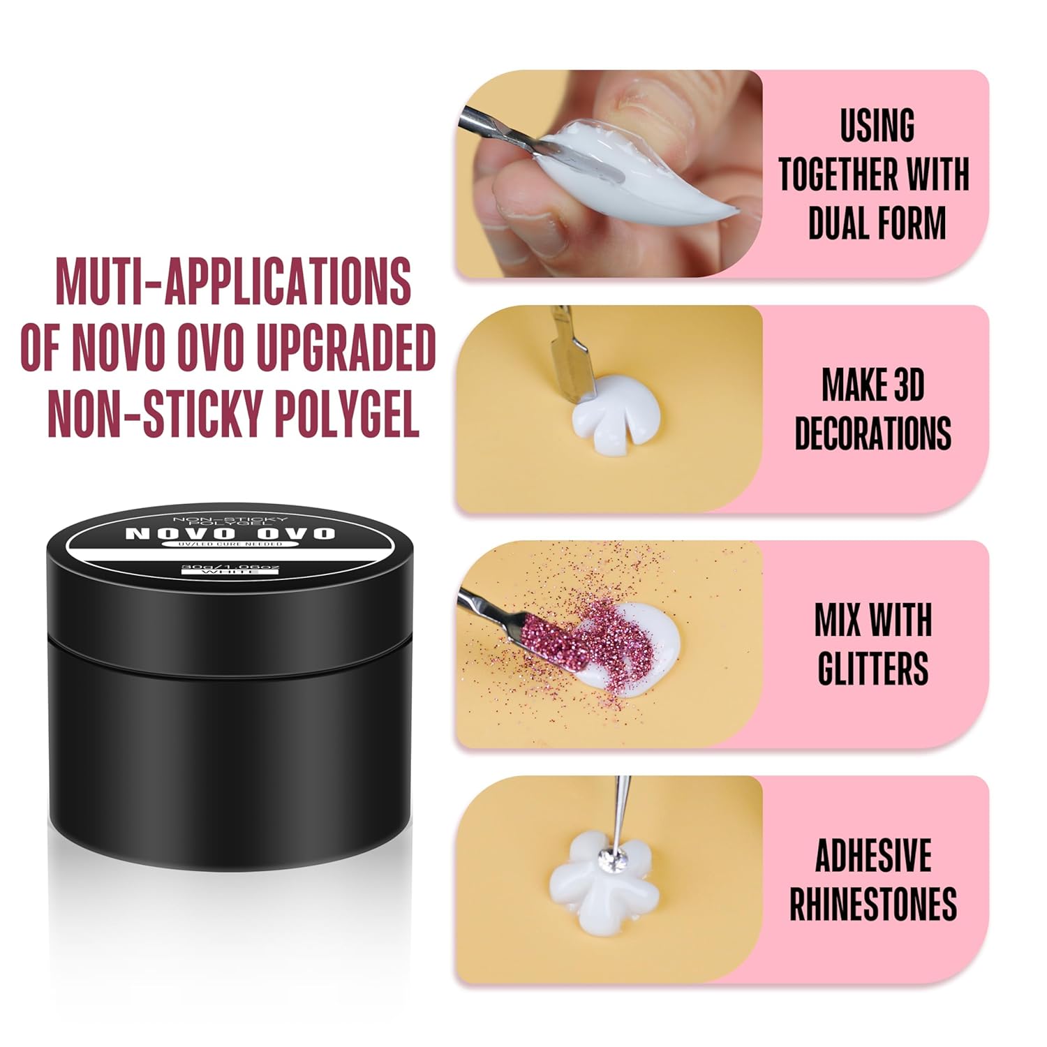 Upgraded NON-STICKY Polygel Solution Procedure Set, White and Pink non-sticky Poly Gel, Dual-Ended Nail Pen, Extra Slim Nail File, Easy to Use Together with Toe or Hand Nail Dual Forms-Velvo Beauty