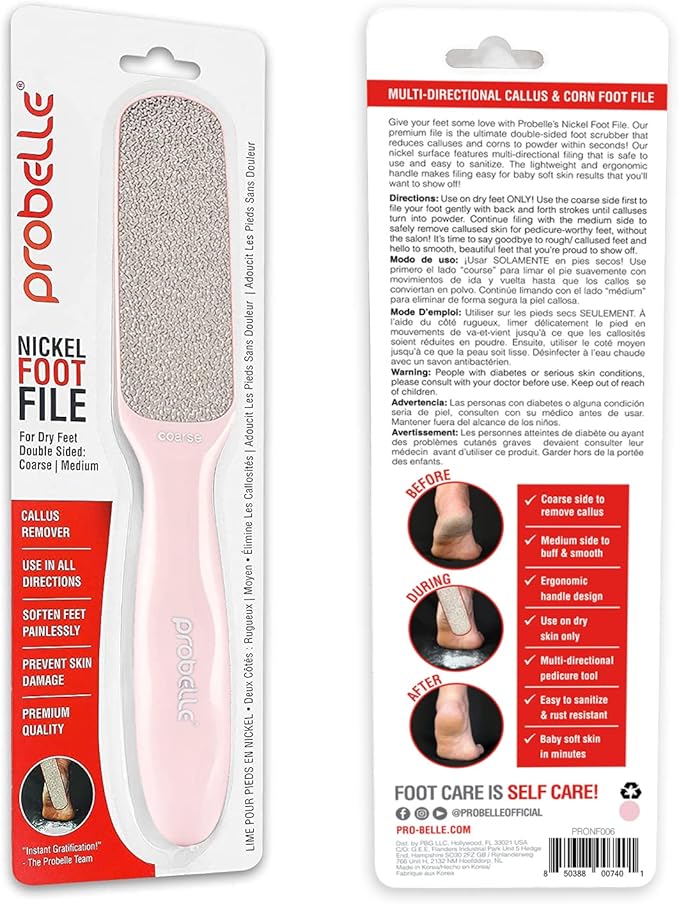 Probelle Double Sided Multidirectional Nickel Foot File Callus Remover - Immediately Reduces calluses and Corns to Powder for Instant Results, Safe Tool (Pink)-Velvo Beauty