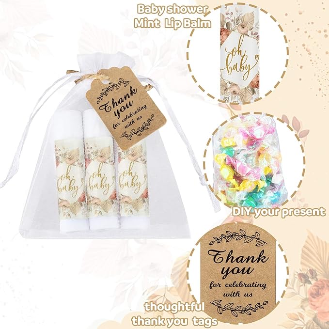 Demissle 50 Pcs Baby Shower Lip Balm Gift Set with 100 Pcs Organza Bags Baby Shower Party Favor for Guest Thank You Tag Rope Baby Shower Party Decoration Gender Reveal Souvenirs(Colorful Plants)-Velvo Beauty