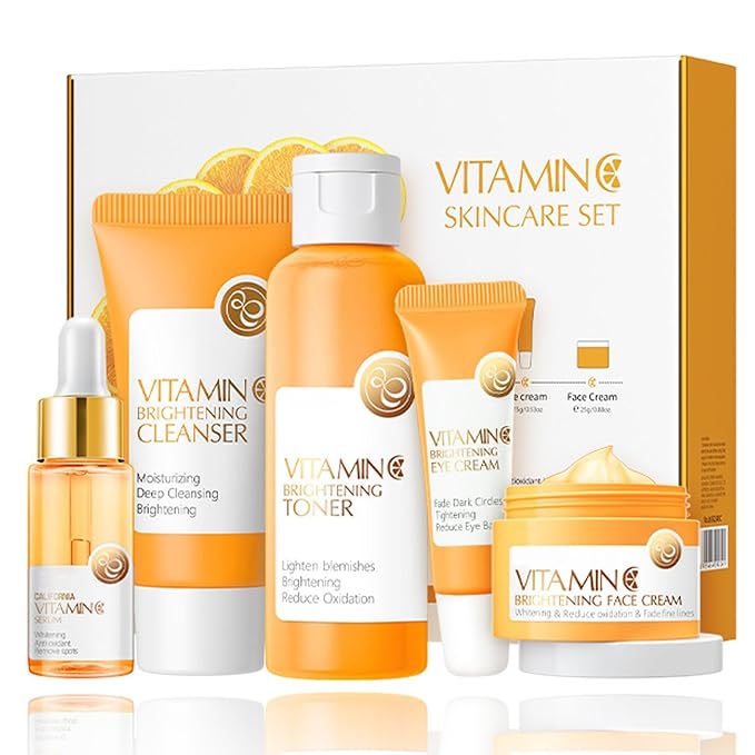 Vitamin C 5-Piece Skincare Set with Cleanser, Toner, Serum, Eye Cream and Face Cream for Skin Brightening skin care set skincare gift set skin care set for Unisex Adult-Velvo Beauty