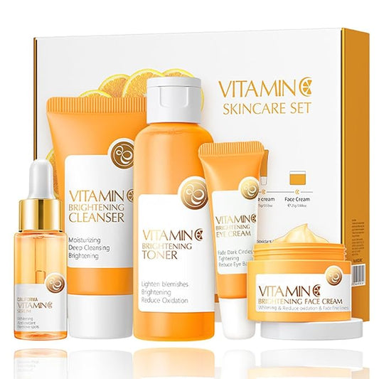 Vitamin C 5-Piece Skincare Set with Cleanser, Toner, Serum, Eye Cream and Face Cream for Skin Brightening skin care set skincare gift set skin care set for Unisex Adult-Velvo Beauty
