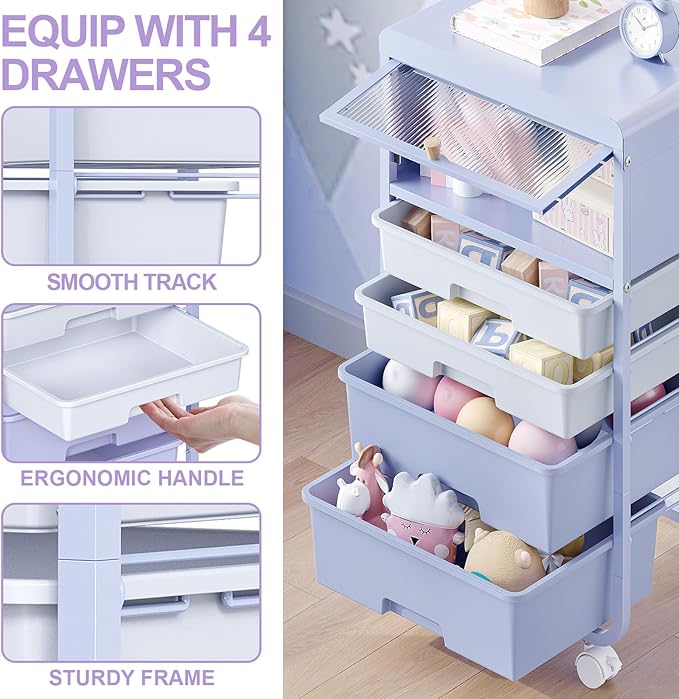 Utility-Rolling-Storage-Drawer-Craft-Cart-Organizers with 4 Drawers & Dust-Proof Door for Kid Craft Art Room,Bedroom,Home Office, Lavender Purple-Velvo Beauty