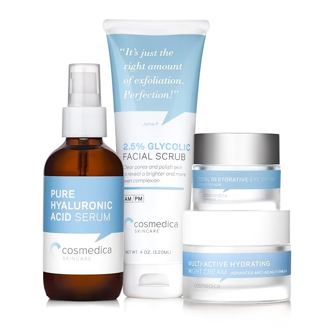Complete Skincare Kit- Hyaluronic Acid Serum (4 Ounce), Glycolic Facial Scrub (4 Ounce), Multi Active Hydrating Night Cream and Total Restorative Eye Cream-Velvo Beauty