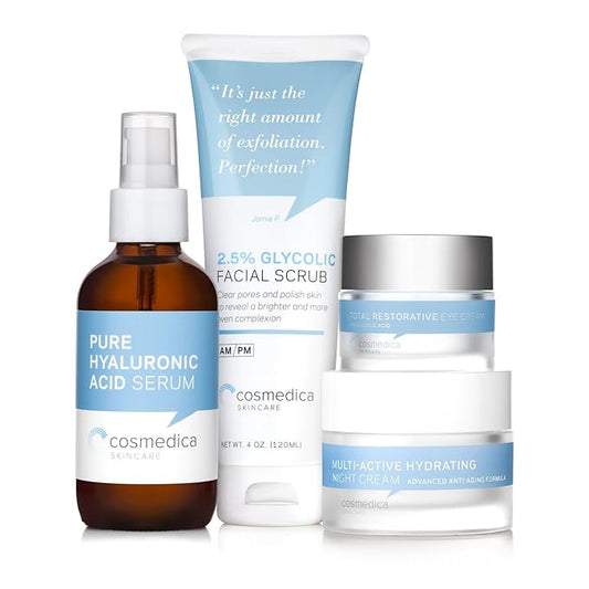 Complete Skincare Kit- Hyaluronic Acid Serum (4 Ounce), Glycolic Facial Scrub (4 Ounce), Multi Active Hydrating Night Cream and Total Restorative Eye Cream-Velvo Beauty