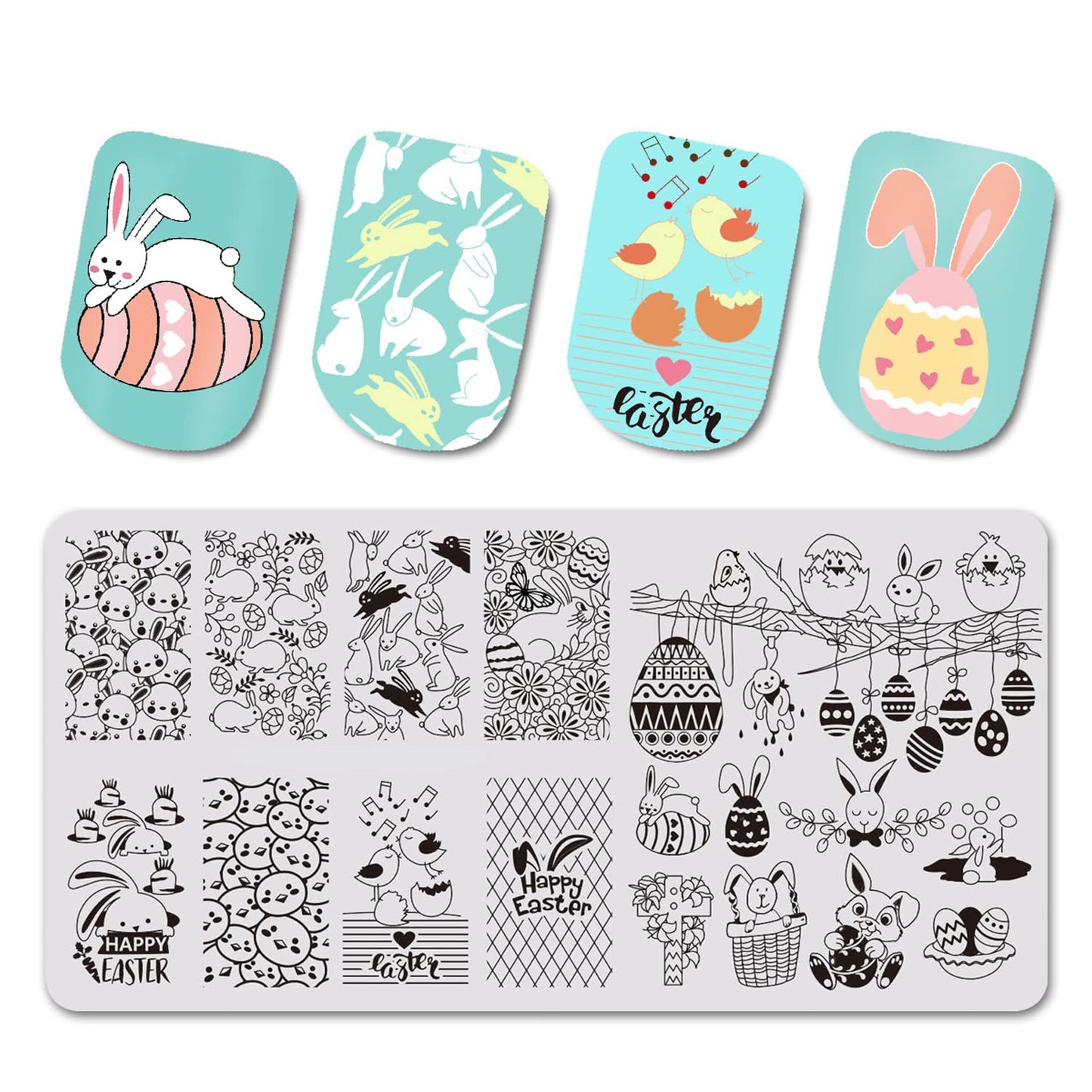 Easter Nail Stamping Plates Cute Bunny Nail Stamping Plate Chick Easter Eggs Designs Nail Art Stamping Template Easter Rabbit Manicure Decorations Supplies 1Pcs-Velvo Beauty