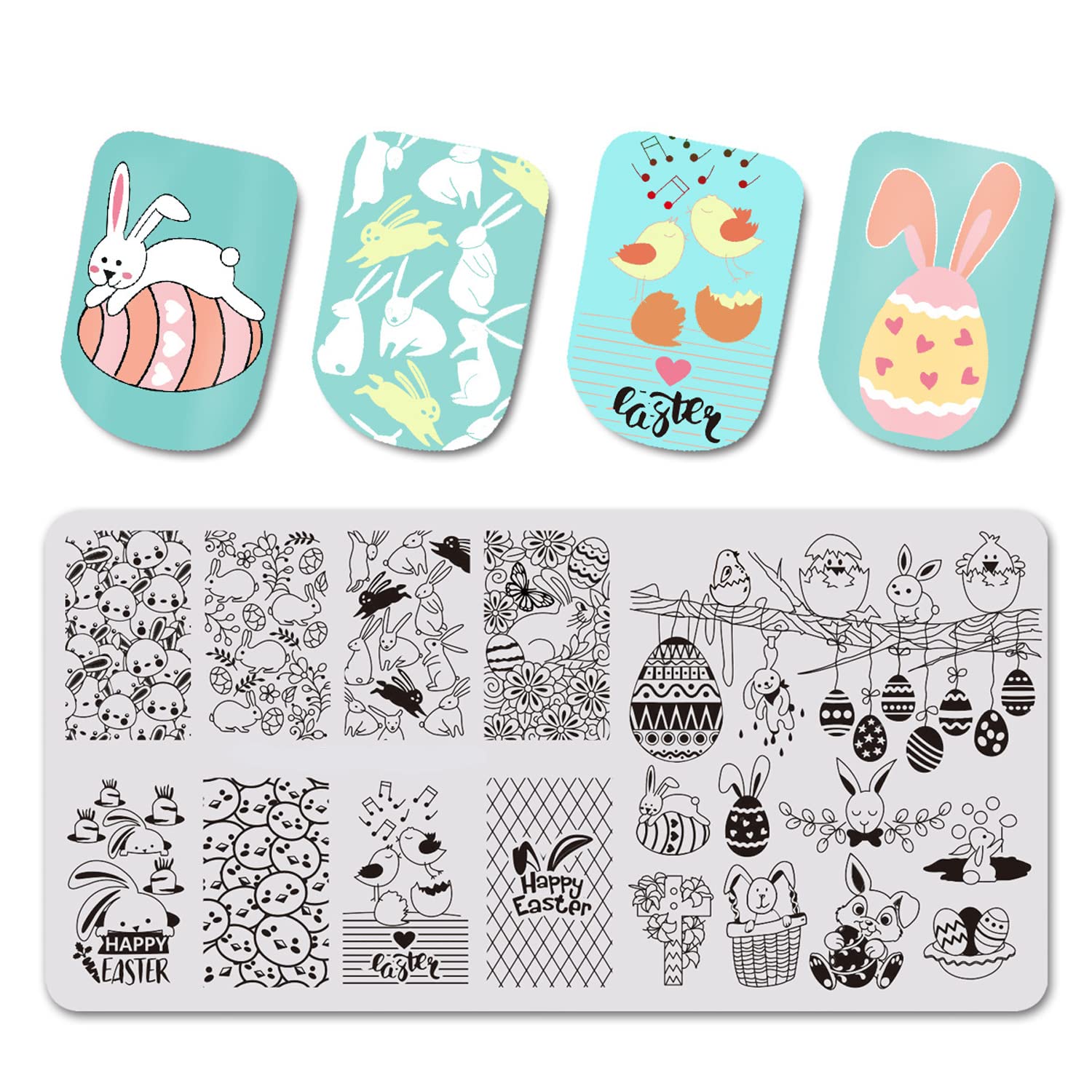 Easter Nail Stamping Plates Cute Bunny Nail Stamping Plate Chick Easter Eggs Designs Nail Art Stamping Template Easter Rabbit Manicure Decorations Supplies 1Pcs-Velvo Beauty