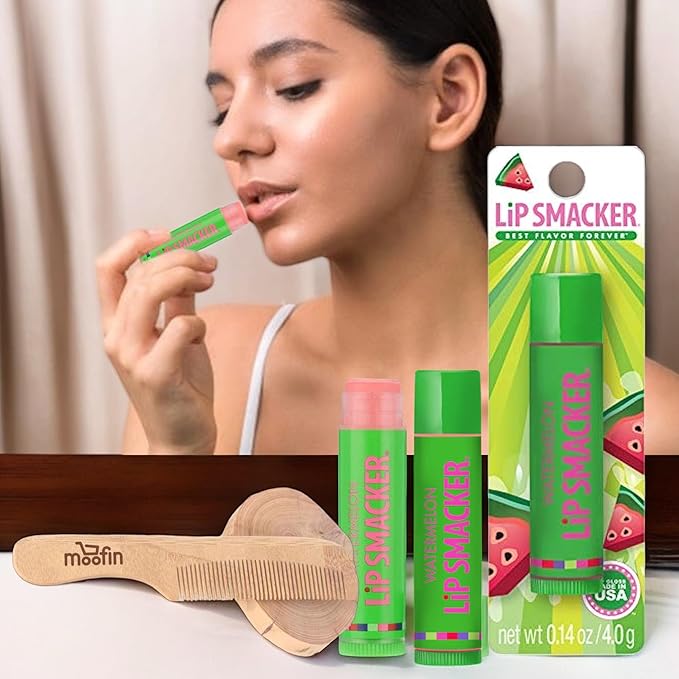 Lip Smacker Water melon Flavored Balm, Glossy Balm for Soft, Shiny s, gloss Hydrating Clear Shine, Built in USA, Bundle with Moofin Wooden Comb, skin care [Pack of 2]-Velvo Beauty