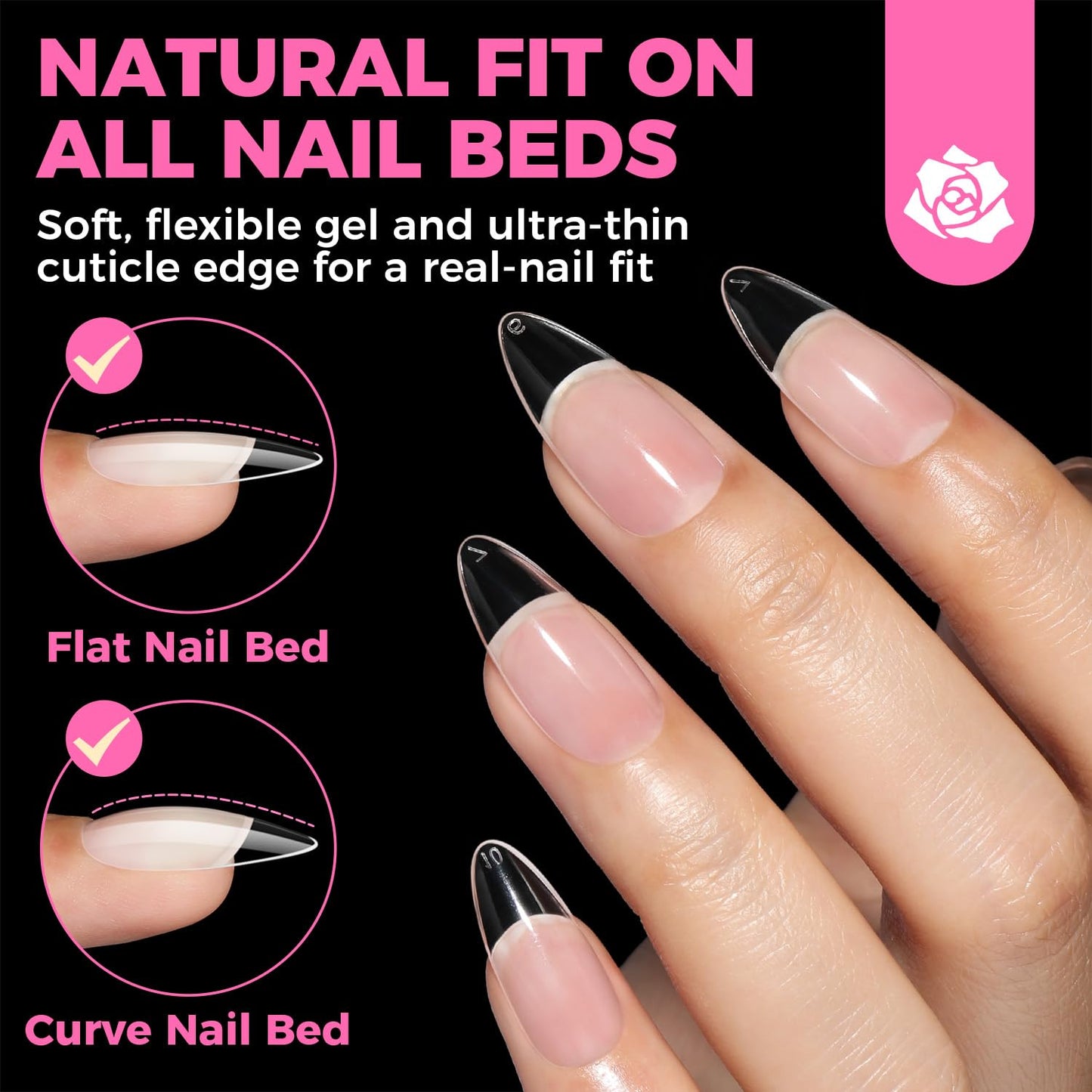 UNA GELLA Almond Gel Nail Tips, 504PCS Pre Etched Clear Fake Nails Tips Medium Almond Shape - 12 Sizes Full Cover Soft Acrylic Press On Nail Extensions No C Curve Gift for Diy at Home-Velvo Beauty