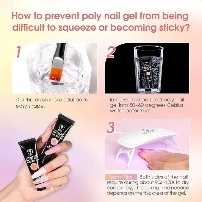ROSALIND 8PCS Poly Nail Gel Kit with Mini Nail Lamp Clear Nude Purple Brown Poly Extension Gel Kit Mini Starter Kit-Velvo Beauty