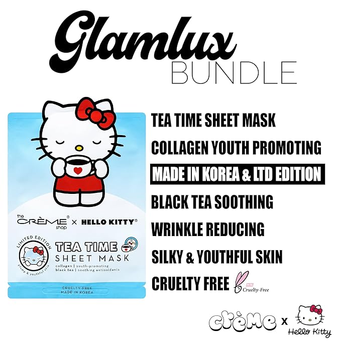 Beauty Bundle The Creme Shop X Hello Kitty Macaron Lip Balm For Cracked/Dry Lips, Hello Kitty Kawaii Kiss Lip Oil Tinted Apple & K-Beauty Tea Time Face Mask; Plumping & Youthful-Velvo Beauty