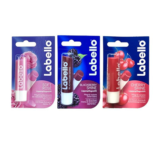 Labello Soft Rose, Labello Blackberry Shine, Labello Cherry Shine Lip Balm Bundle-Velvo Beauty