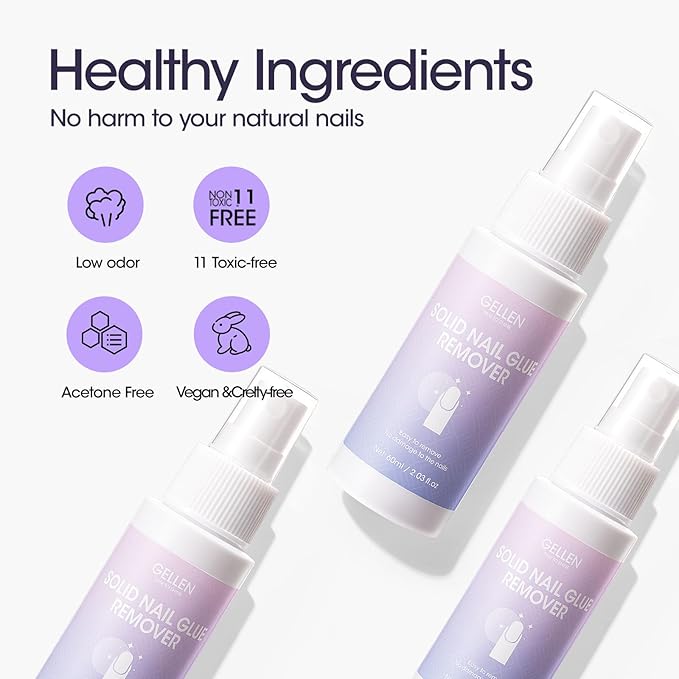 Gellen 2 Pack Solid Nail Glue Gel Remover 60ML Press On Nails Remover Glue Off Spray for False Acrylic Tips, with Stick, Acetone Free, Nail-friendly-Velvo Beauty