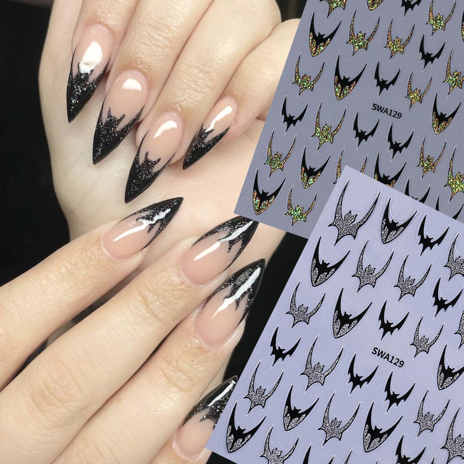 4pcs Halloween Bat Nails Art Stickers Glitter Holographic Gold Silver French Bat Design Adhesive Nail Decals Sliders Halloween French Sticker for Nails Supplies Accessories Y2K Manicure Decor-Velvo Beauty