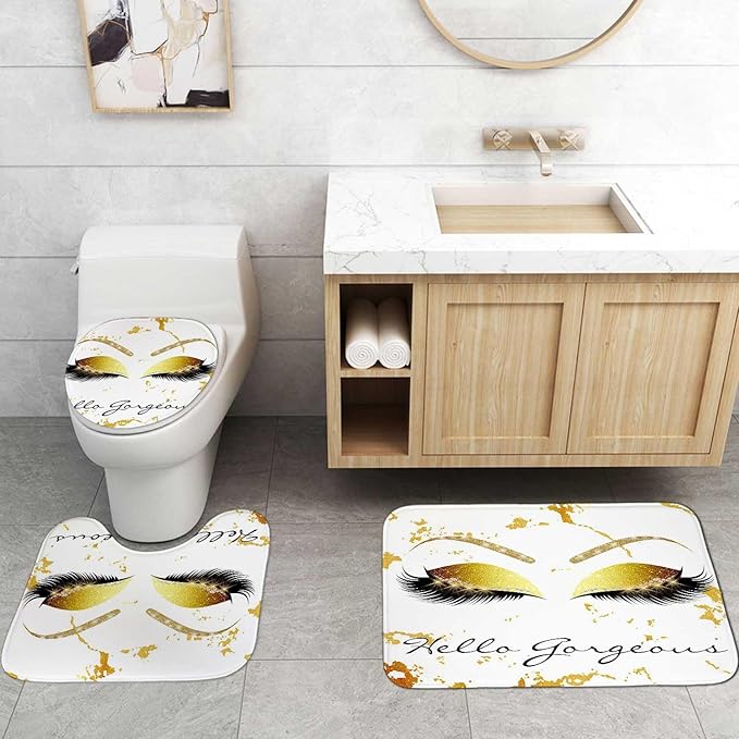 4PCS Hello Gorgeous Unicorn Eyelash Shower Curtain Set with Rugs, Luxury Diamond Gold Glitter Eyebrow Eyeshadow Makeup White Marble Glam Modern Fashion Women Bathroom Decor, Hello Gorgeous-Velvo Beauty