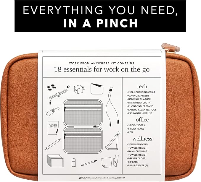Pinch Provisions Work from Anywhere Kit, Includes 18 Essentials to Help You Stay on Task, Must-Have Essentials, Compact Multi-Functional Double-Pocket Vegan Leather Pouch-Velvo Beauty