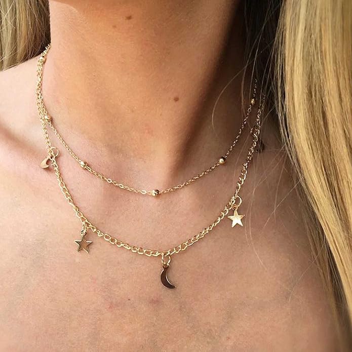 Boho Star Moon Necklace Choker Gold Layered Star Choker Necklace Crescent Moon Necklace Celestial Necklace Chain Festival Jewelry for Women and Girls-Velvo Beauty
