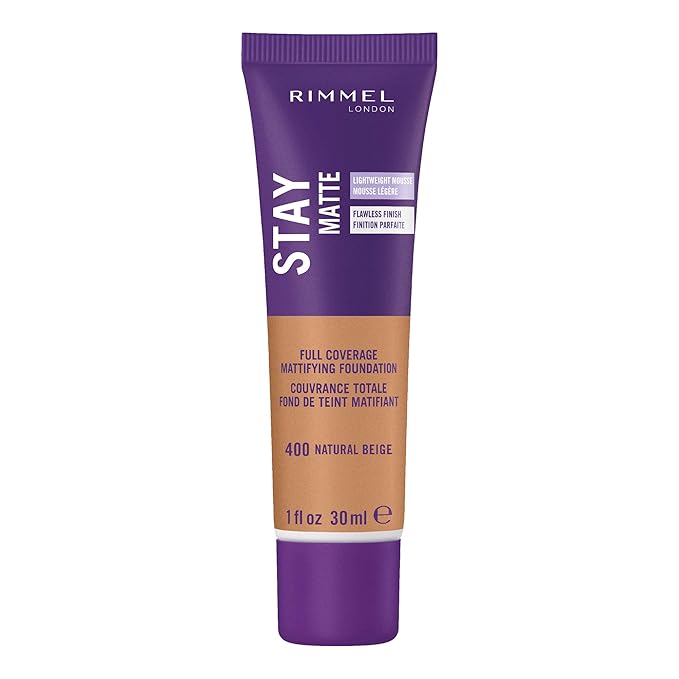 Rimmel London Stay Matte Liquid Mousse - 400 Natural Beige - Foundation, Lightweight, Shine Control, Oil-Free, 1oz-Velvo Beauty