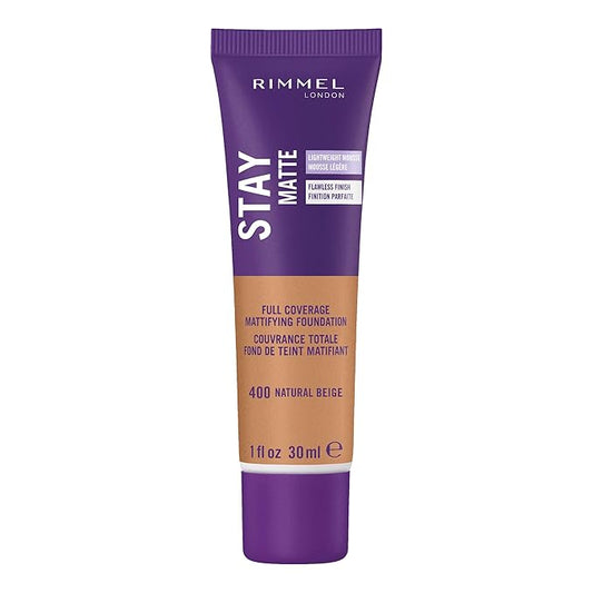 Rimmel London Stay Matte Liquid Mousse - 400 Natural Beige - Foundation, Lightweight, Shine Control, Oil-Free, 1oz-Velvo Beauty