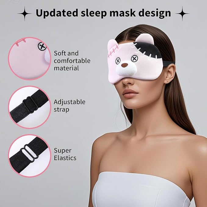 PERFECTSIGHT Sleep Eye Masks, Cute Plush Sleep Eye Cover Lightweight Adjustable Eyeshade Faux Fur Mask Cover for Women Men Kids Sleep Travel Nap, Pink Pudding Bear-Velvo Beauty