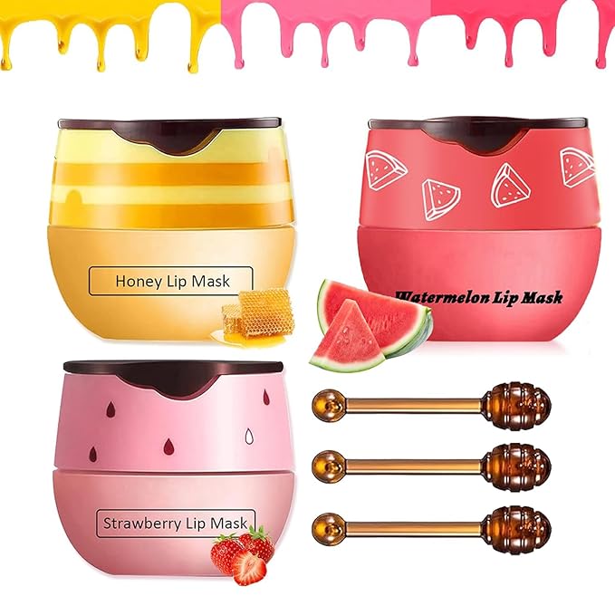 3PCS Lip Balm Honey Lip Balm, Honey Pot Lip Balm Sleeping Lip Mask with Brush, Hydrating & Prevention Dry and Cracked, Lip Scrubs Exfoliator & Moisturizer-Velvo Beauty