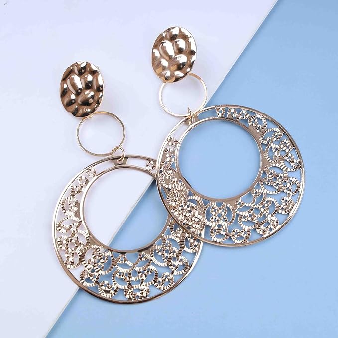 Boho Large Filigree Disc Dangle Earrings Stud Vintage Tribal Ethnic Hollow Carved Earrings Gold Geometric Floral Hoop Drop Earrings Statement Wedding Prom Earrings Jewelry for Women Girls-Velvo Beauty