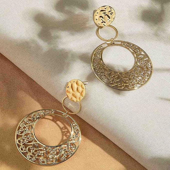 Boho Large Filigree Disc Dangle Earrings Stud Vintage Tribal Ethnic Hollow Carved Earrings Gold Geometric Floral Hoop Drop Earrings Statement Wedding Prom Earrings Jewelry for Women Girls-Velvo Beauty