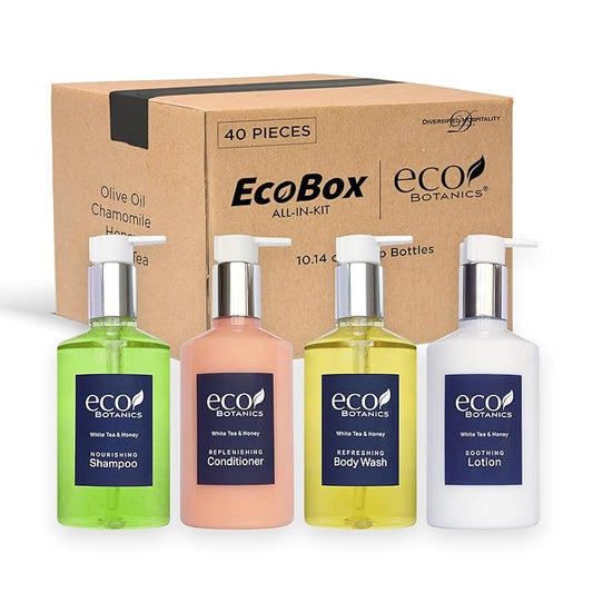 A 40 Piece Ecobox All-In-Kit of our Ecobotanics 10.14 oz. 300 ml Bottles-12 Shampoo, 8 Conditioners, 12 Body Wash & 8 Lotions-Velvo Beauty